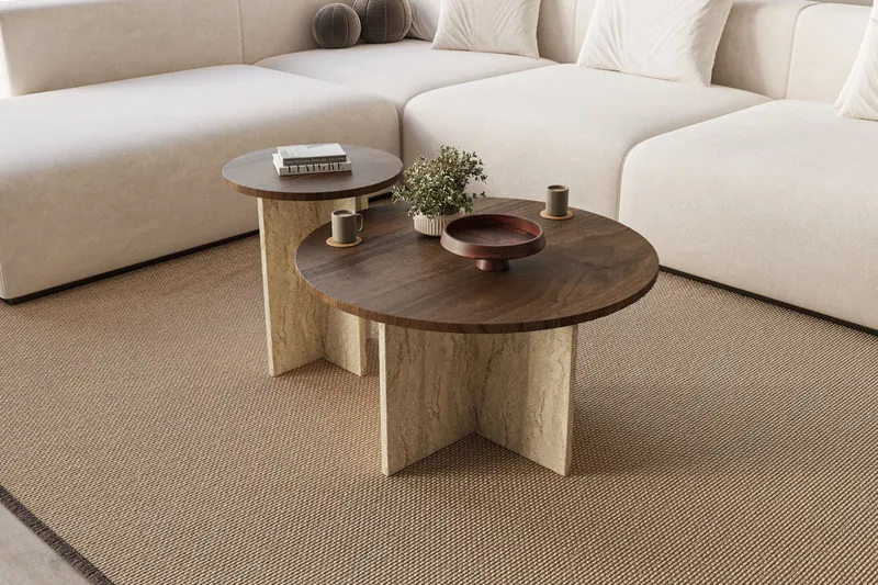 Lorricus Soffbord 70 cm Rund, Valnöt Och Travertin