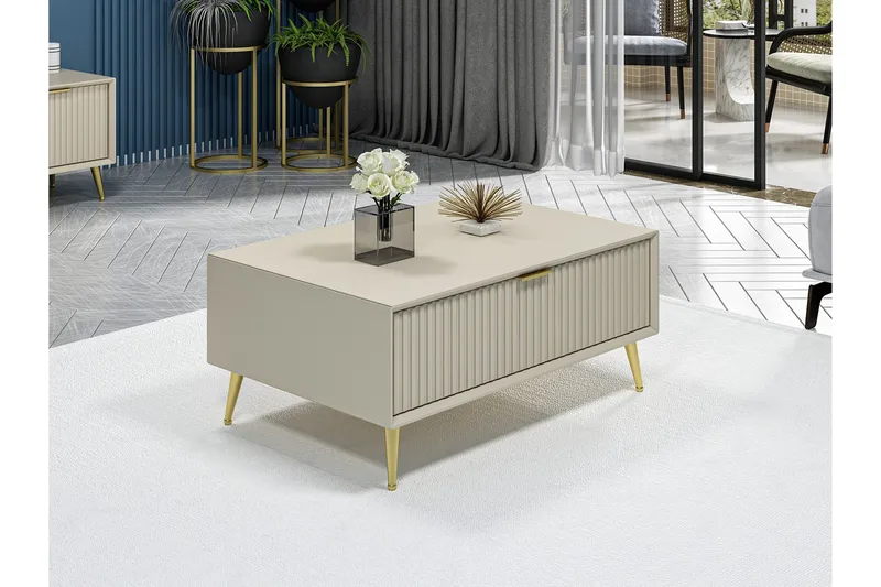 Luxe 90 cm Rektangulärt Soffbord med Lådor i Trä, Beige