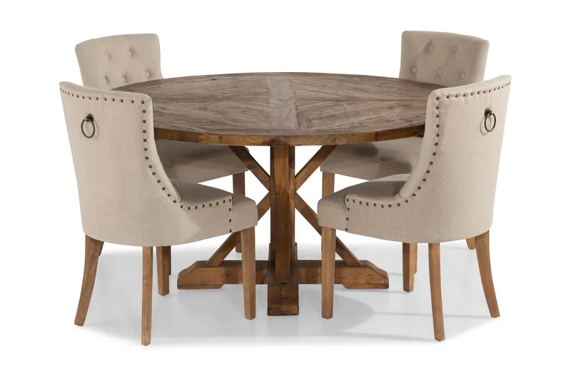 Lyon Matgrupp Ø150 cm Rund med 4 st Viktoria Stolar, Vintage Alm / Beige