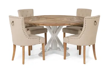 Lyon Matgrupp Ø150 cm Rund med 4 st Viktoria Stolar - Vintage Natur/Vit/Beige - Möbler - Bord & matgrupper - Matgrupper
