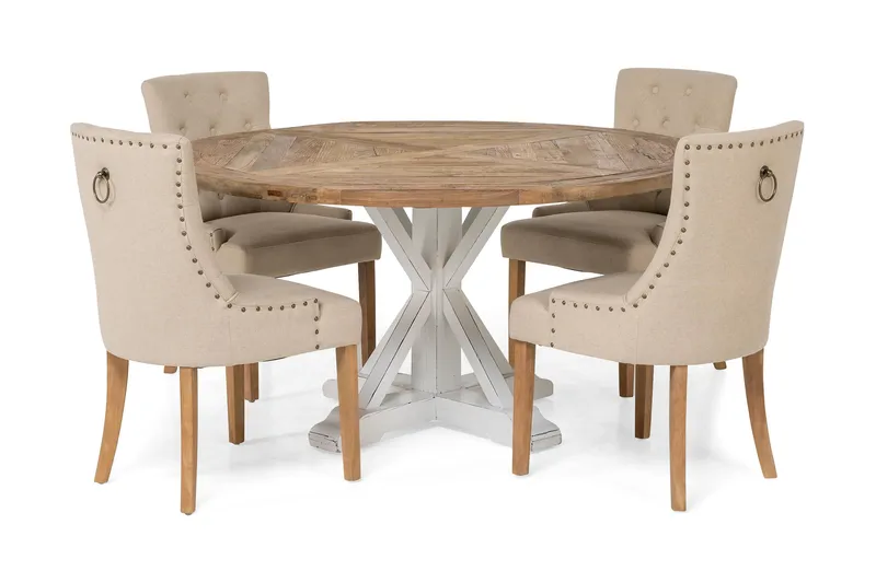 Lyon Matgrupp Ø150 cm Rund med 4 st Viktoria Stolar, Vintage Natur/Vit/Beige