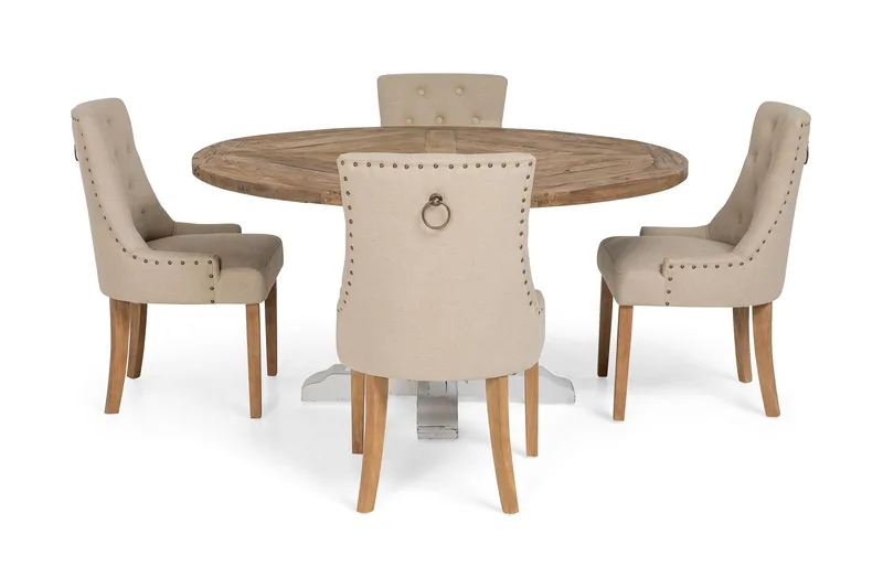 Lyon Matgrupp Ø150 cm Rund med 4 st Viktoria Stolar - Vintage Natur/Vit/Beige - Möbler - Bord & matgrupper - Matgrupper