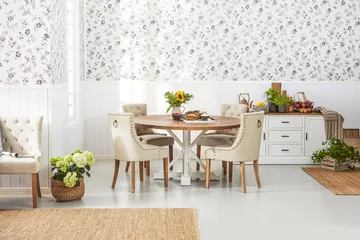 Lyon Matgrupp Ø150 cm Rund med 4 st Viktoria Stolar - Vintage Natur/Vit/Beige - Möbler - Bord & matgrupper - Matgrupper