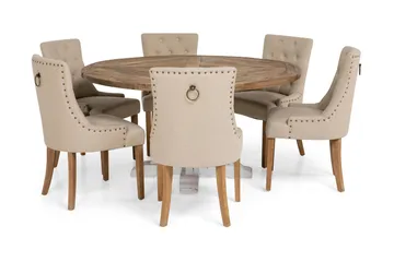 Lyon Matgrupp Ø150 cm Rund med 6 st Viktoria Stolar - Vintage Natur / Vit / Beige - Möbler - Bord & matgrupper - Matgrupper