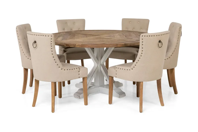 Lyon Matgrupp Ø150 cm Rund med 6 st Viktoria Stolar, Vintage Natur / Vit / Beige