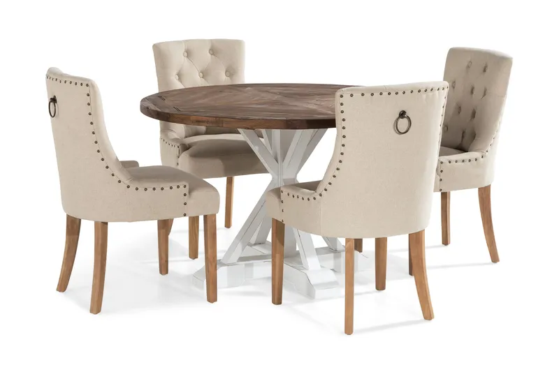 Lyon Matgrupp Rund med 4 st Viktoria Fåtölj, Trä/Vit/Beige
