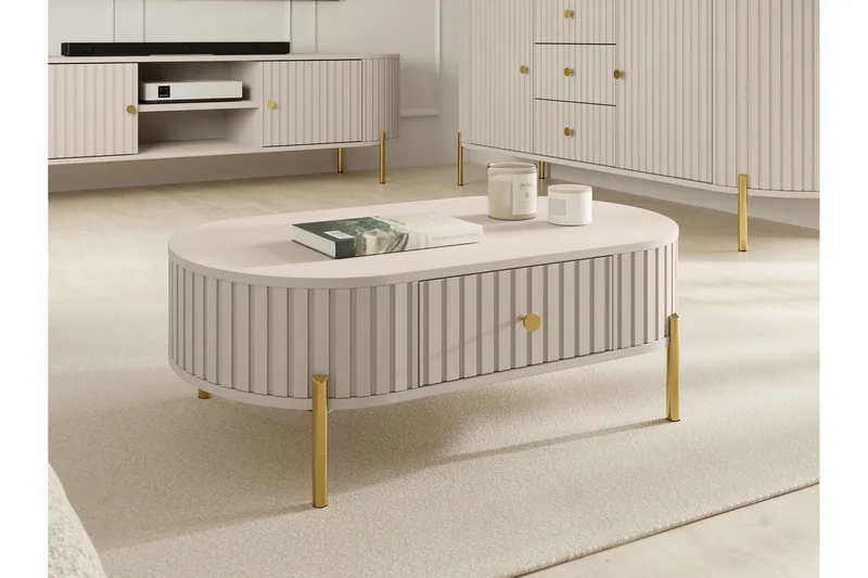 Maggio Ovalt Soffbord 100 cm med Lådor i Trä och Metall - Beige - Möbler - Bord & matgrupper - Soffbord