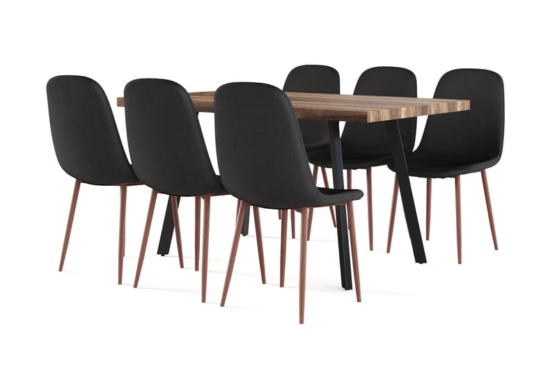 Marcelen Matbord Förlängningsbart med illäggsskiva +  6 st Nibe stol svart med valnöt ben, Brun/Svart