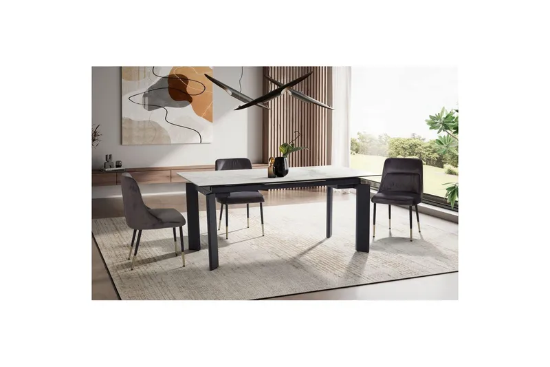 Matbord Wohnling Utdragbart 180-260 cm keramisk, klassiskt fyra ben och metallram Svart, marmor vit - Svart, marmor vit - Möbler - Bord & matgrupper - Matgrupper