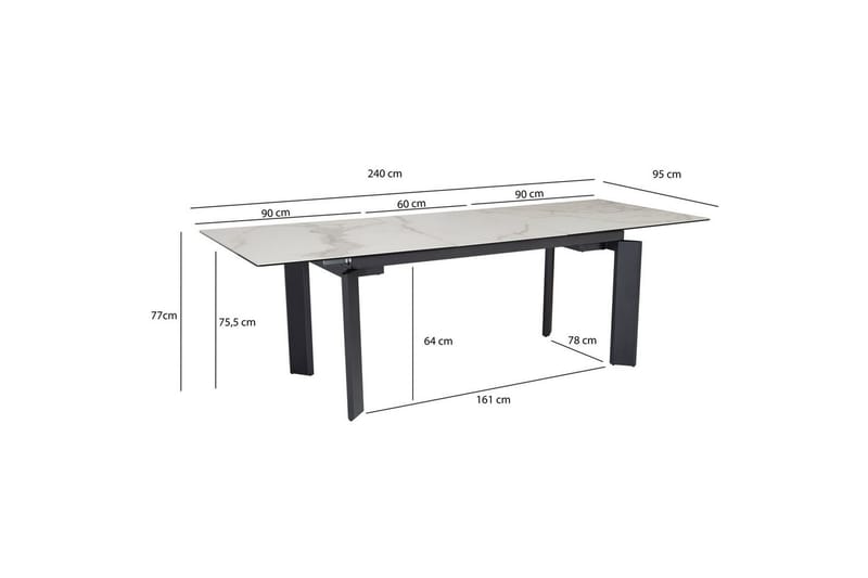 Matbord Wohnling Utdragbart 180-260 cm keramisk, klassiskt fyra ben och metallram Svart, marmor vit - Svart, marmor vit - Möbler - Bord & matgrupper - Matbord & köksbord