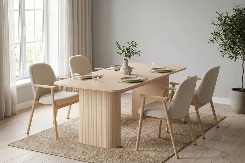 Matgrupp Bark Kopparbo Matbord 180-240 cm Förlängningsbart med 6 Reciclar Matstolar Ljus Ek|Beige - Möbler - Bord & matgrupper - Matgrupper