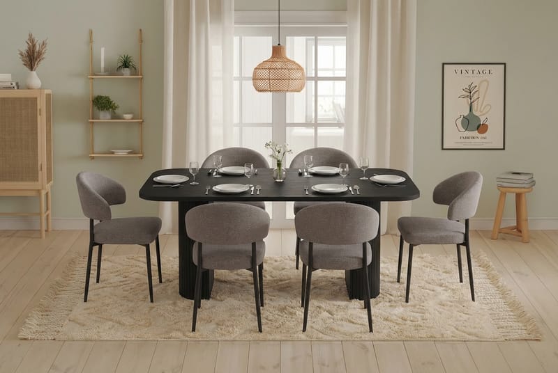 Matgrupp Bark Kopparbo Matbord 200 cm med 6 Sawako Greige Stolar Svart|Greige - Möbler - Bord & matgrupper - Matgrupper