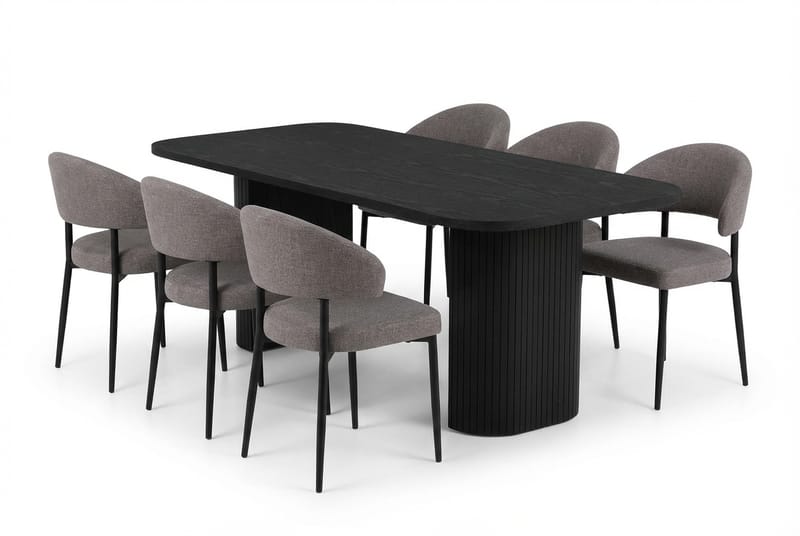 Matgrupp Bark Kopparbo Matbord 200 cm med 6 Sawako Greige Stolar Svart|Greige, undefined