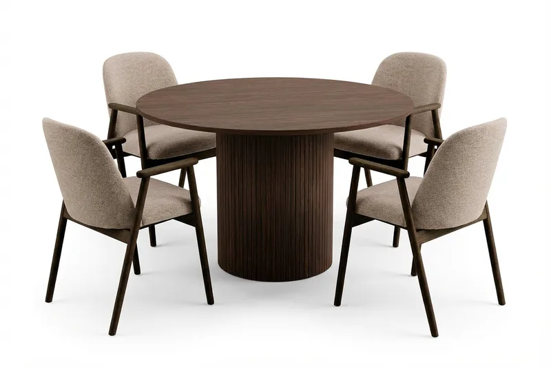 Matgrupp Bark Kopparbo Runt Matbord 120 cm Mörkbrunt med 4 Reciclar Matstolar Valnöt|Greige, undefined