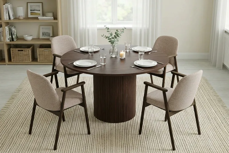 Matgrupp Bark Kopparbo Runt Matbord 120 cm Mörkbrunt med 4 Reciclar Matstolar Valnöt|Greige - Möbler - Bord & matgrupper - Matgrupper