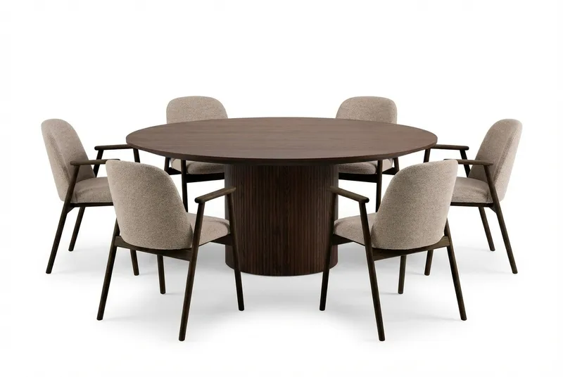 Matgrupp Bark Kopparbo Runt Matbord 180 cm Mörkbrunt med 6 Reciclar Matstolar Valnöt|Greige, undefined