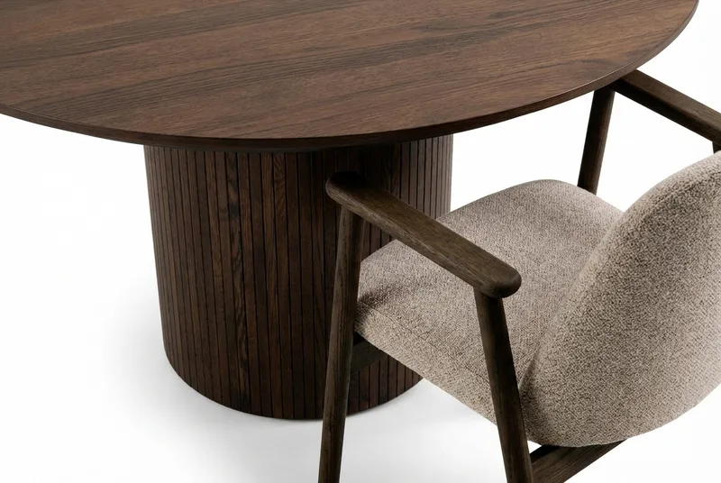 Matgrupp Bark Kopparbo Runt Matbord 180 cm Mörkbrunt med 6 Reciclar Matstolar Valnöt|Greige - Möbler - Bord & matgrupper - Matgrupper