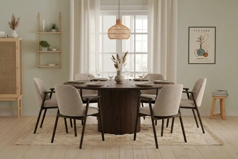 Matgrupp Bark Kopparbo Runt Matbord 180 cm Mörkbrunt med 6 Reciclar Matstolar Valnöt|Greige - Möbler - Bord & matgrupper - Matgrupper