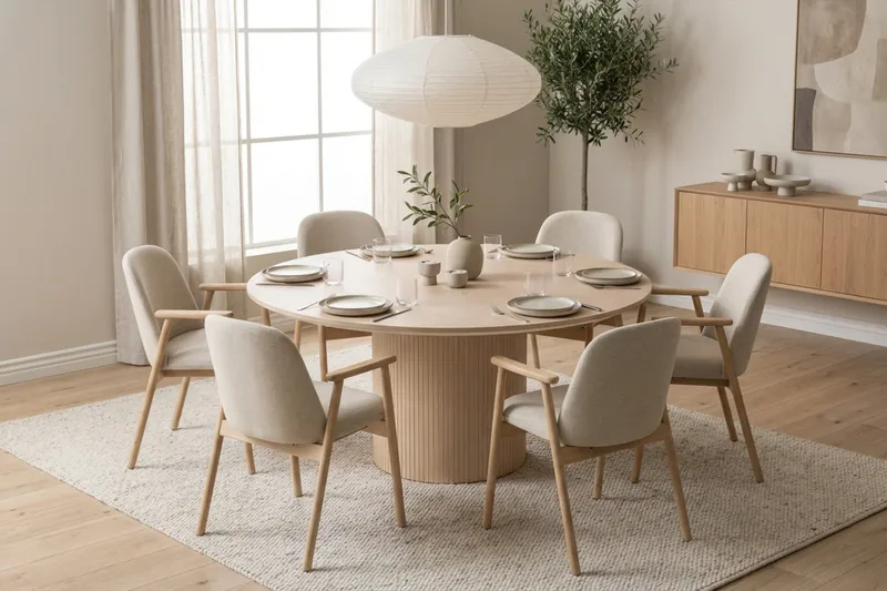 Matgrupp Bark Kopparbo Runt Matbord 180 cm Vitlaserat med 6 Reciclar Matstolar Ljus Ek|Beige - Möbler - Bord & matgrupper - Matgrupper