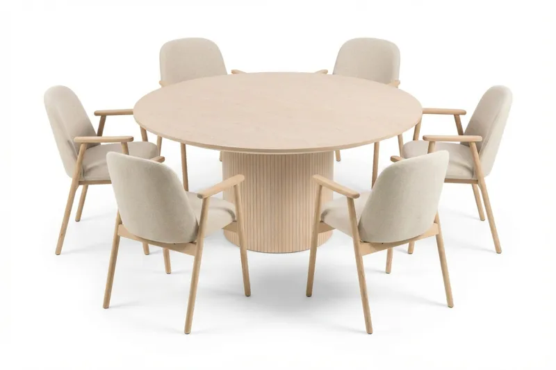 Matgrupp Bark Kopparbo Runt Matbord 180 cm Vitlaserat med 6 Reciclar Matstolar Ljus Ek|Beige, undefined