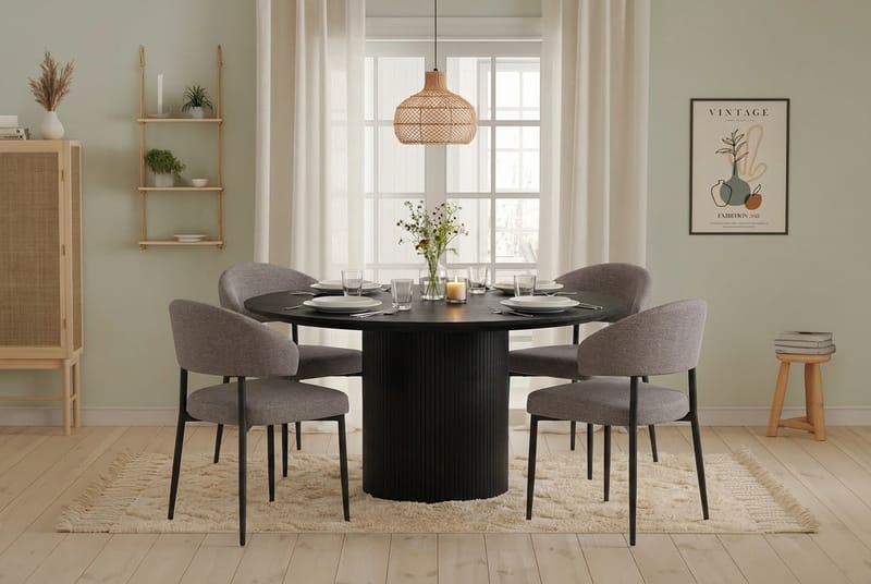Matgrupp Bark Kopparbo Runt Stort Matbord 180 cm Svart med 4 Sawako Greige Stolar Svart|Greige - Möbler - Bord & matgrupper - Matgrupper