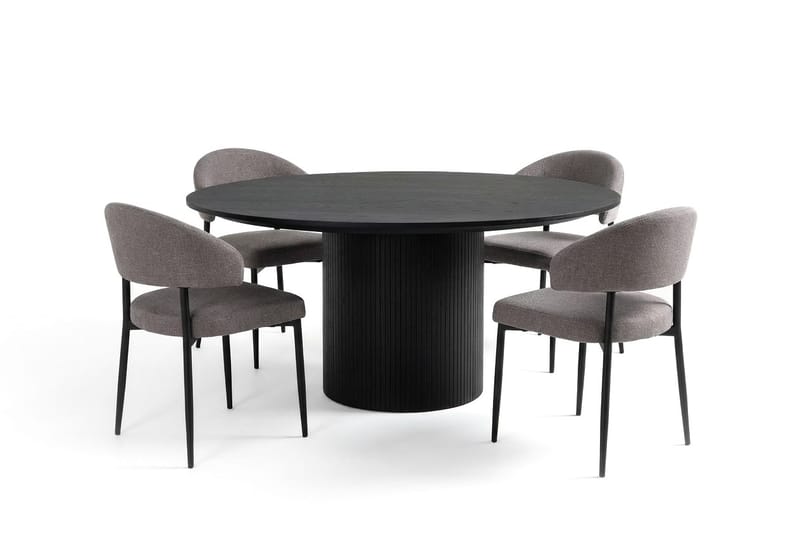 Matgrupp Bark Kopparbo Runt Stort Matbord 180 cm Svart med 4 Sawako Greige Stolar Svart|Greige, undefined