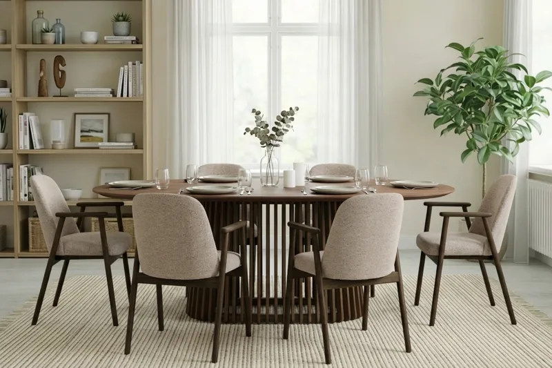 Matgrupp Bark Peyra Ovalt Matbord 200 cm Mörkbrunt med 6 Reciclar Matstolar Valnöt|Greige - Möbler - Bord & matgrupper - Matgrupper