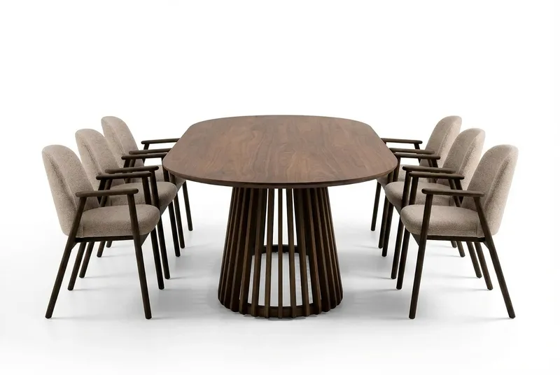 Matgrupp Bark Peyra Ovalt Matbord 200 cm Mörkbrunt med 6 Reciclar Matstolar Valnöt|Greige, undefined