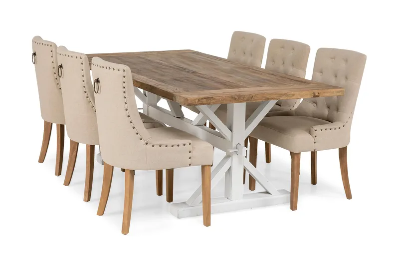 Matgrupp Bloomington Lyon Förlängningsbar 200 cm med 6 Viktoria Stol Natur/Vit/Beige Beige/White