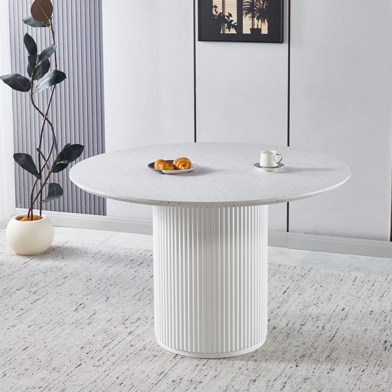 Matgrupp Sandö matbord Ø120cm i vit terazzo med 4st Callum matstol i beige tyg - Vit terrazzo / vitlackat trä / beige / svart - Möbler - Bord & matgrupper - Matgrupper