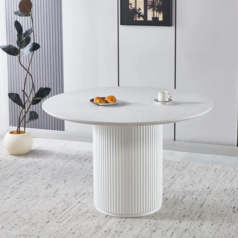 Matgrupp Sandö matbord Ø120cm i vit terazzo med 4st Plaza matstol i beige sammet - Vit terrazzo / vitlackat trä - Möbler - Bord & matgrupper - Matgrupper
