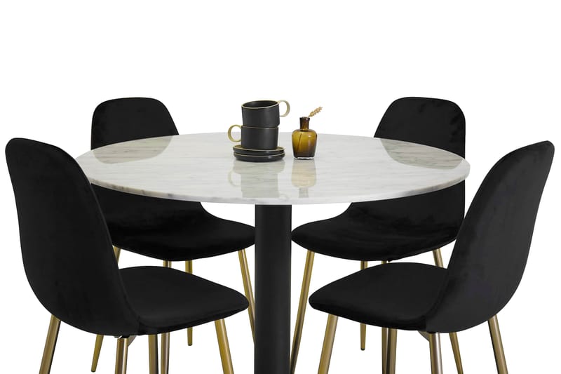 Admira matbord runt vit/svart+Pontus stol svart/mässing 4st - Matgrupper