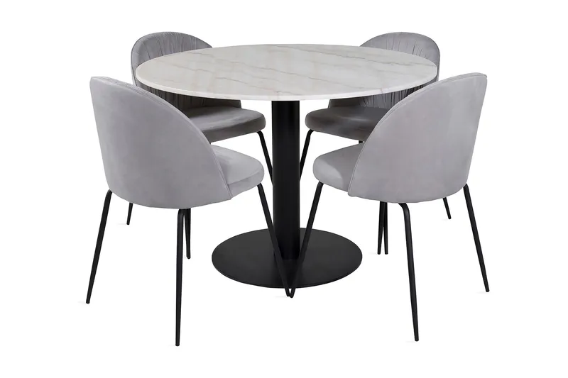 Admira Matgrupp 106 cm Runt Marmor inkl 4 Foyos Stolar, Vit/Svart/Grå