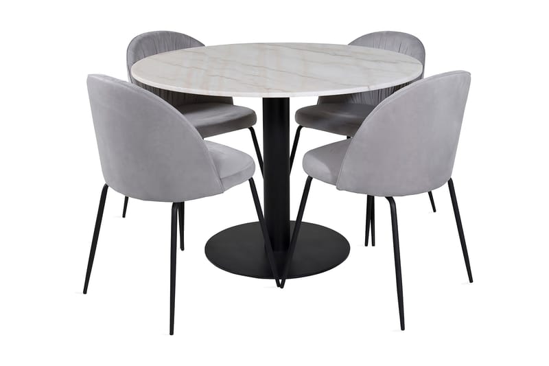 Admira Matgrupp 106 cm Runt Marmor inkl 4 Foyos Stolar, Vit/Svart/Grå