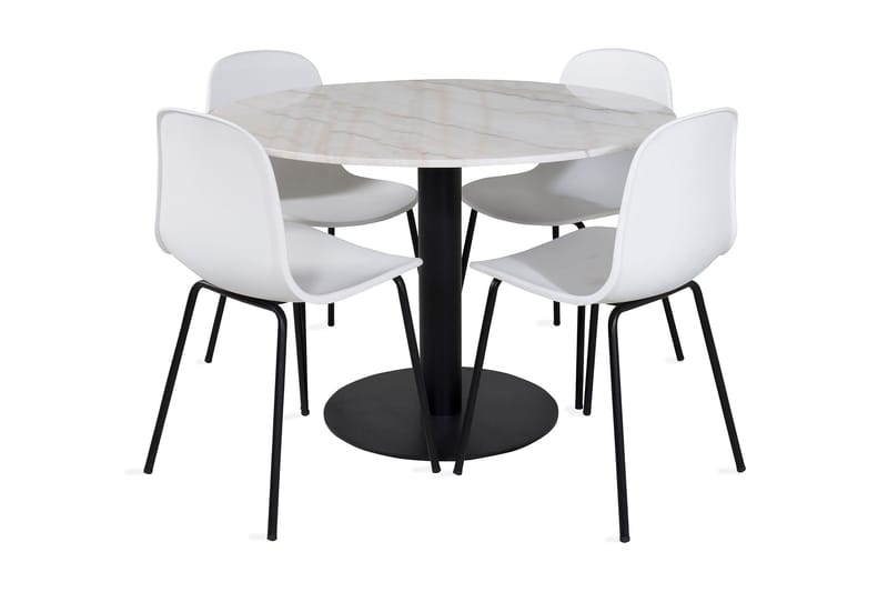 Admira Matgrupp 106 cm Runt Marmor inkl 4 Kullersbro Stolar, Vit/Svart
