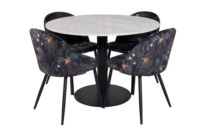 Admira Matgrupp 106 cm Runt Marmor inkl 4 Sedavi Stolar, Vit/Svart/Blå
