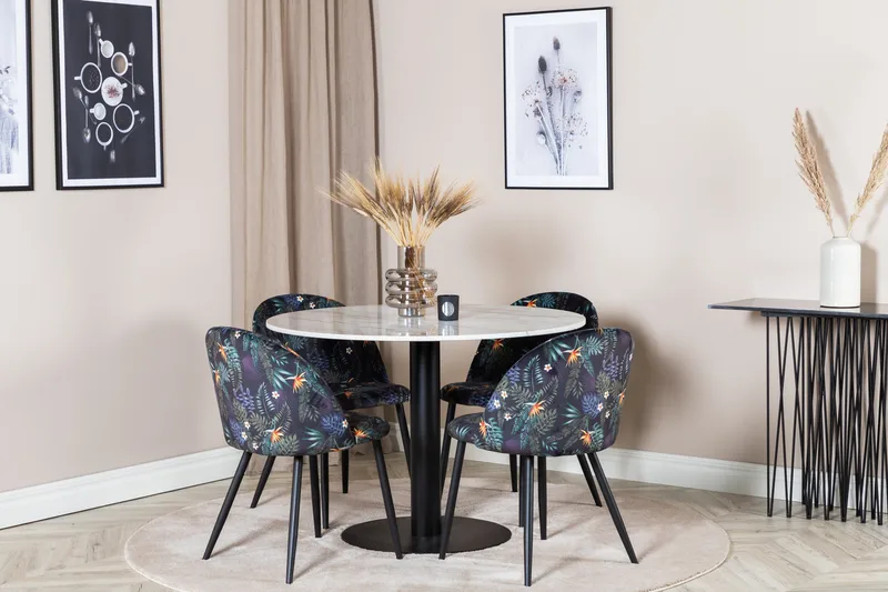 Admira Matgrupp 106 cm Runt Marmor inkl 4 Sedavi Stolar - Vit/Svart/Blå - Möbler - Bord & matgrupper - Matgrupper