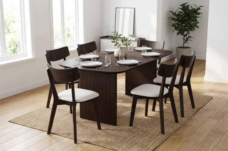 Alma Matgrupp 180 cm rektangulärt i Rökt Ek med 6 Amelia Matstolar med Dyna - Rökt Ek/Beige - Möbler - Bord & matgrupper - Matgrupper