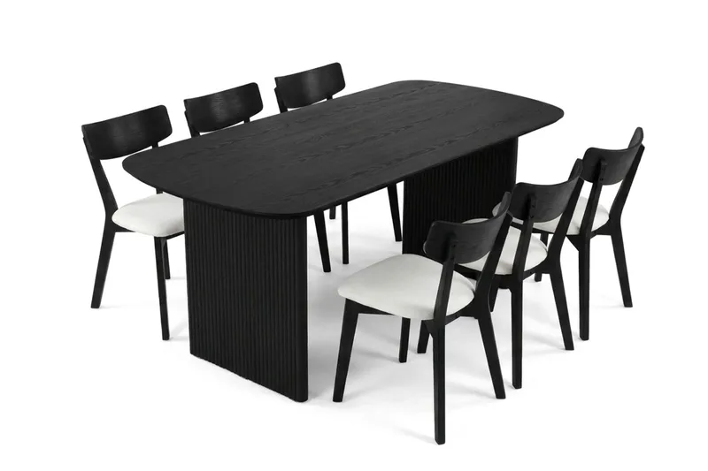 Alma Matgrupp 180 cm rektangulärt i Svart med 6 Amelia Matstolar med Dyna - Svart/Beige - Möbler - Bord & matgrupper - Matgrupper