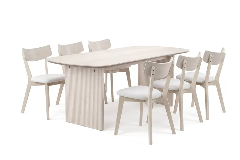 Alma Matgrupp 180 cm rektangulärt Vitlaserad med 6 Amelia Matstolar med Dyna - Vitlaserad/Beige - Möbler - Bord & matgrupper - Matgrupper