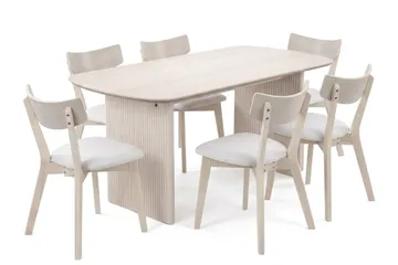 Alma Matgrupp 180 cm rektangulärt Vitlaserad med 6 Amelia Matstolar med Dyna - Vitlaserad/Beige - Möbler - Bord & matgrupper - Matgrupper