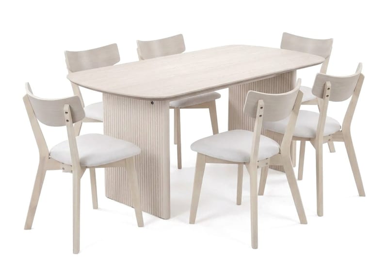 Alma Matgrupp 180 cm rektangulärt Vitlaserad med 6 Amelia Matstolar med Dyna - Vitlaserad/Beige - Möbler - Bord & matgrupper - Matgrupper