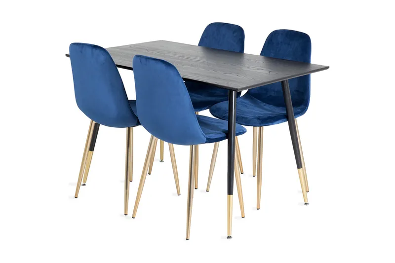 Balisa Matgrupp 120 cm inkl 4 Valeri Sammetsstolar, Svart/Blå/Mässing