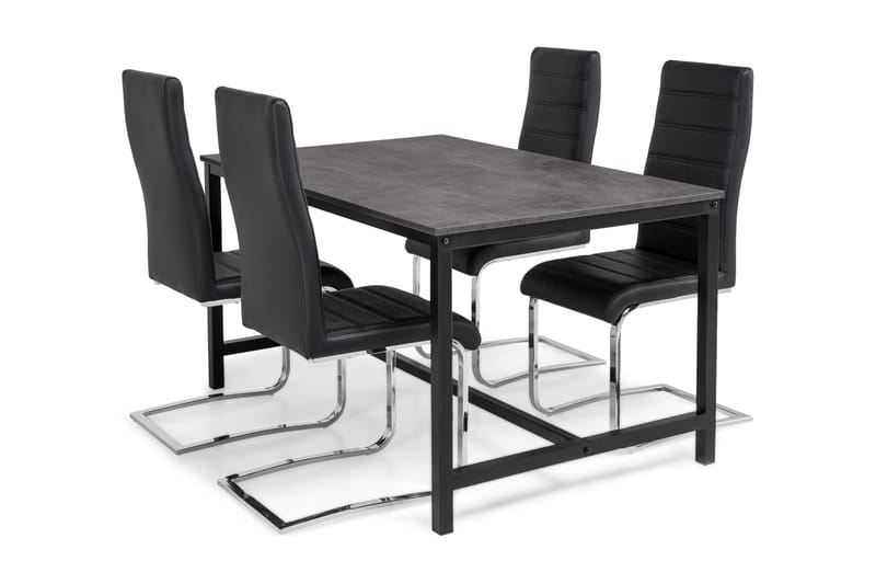 Bettina Matgrupp 140 cm med 4 Cibus Stol - Betonglook/Svart/Svart PU/Krom - Möbler - Bord & matgrupper - Matgrupper