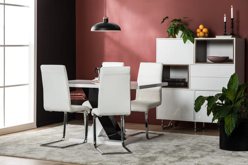 Cesi Matgrupp 140 cm med 4 Cibus Stol - Vit/Svart/Svart PU/Krom - Möbler - Bord & matgrupper - Matgrupper