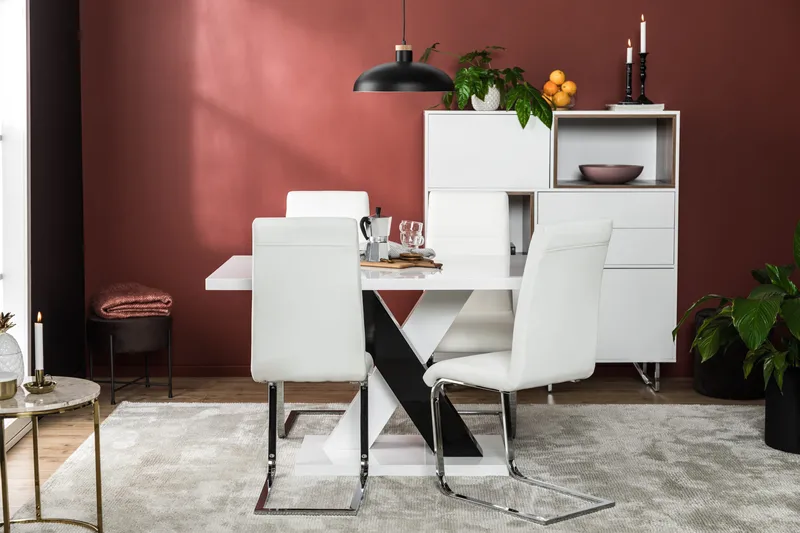 Cesi Matgrupp 140 cm med 4 Cibus Stol - Vit/Svart/Svart PU/Krom - Möbler - Bord & matgrupper - Matgrupper