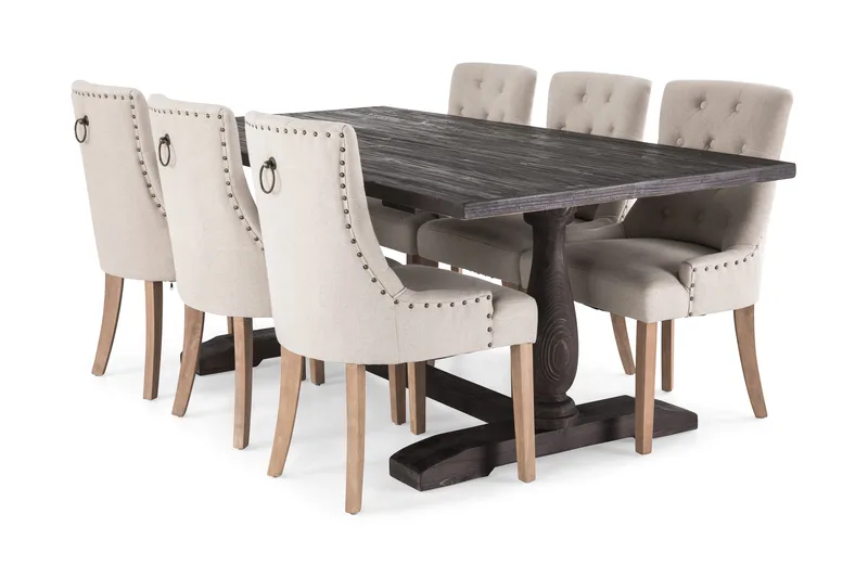 Dijon Matgrupp 200 cm med 6 Viktoria Fåtölj, Vintage Trä / Beige Trä