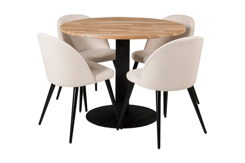 Ezra Matgrupp 100 cm Rund inkl 4 Valera Manchesterstolar, Teak/Svart/Beige