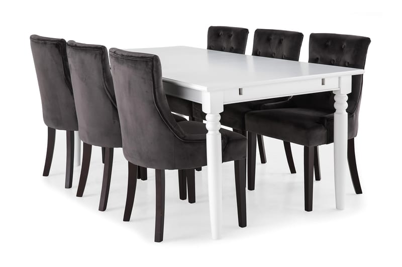 Hampton Matgrupp 190 cm med 6 Viktoria Fåtölj - Vit/Grå Sammet - Möbler - Bord & matgrupper - Matgrupper
