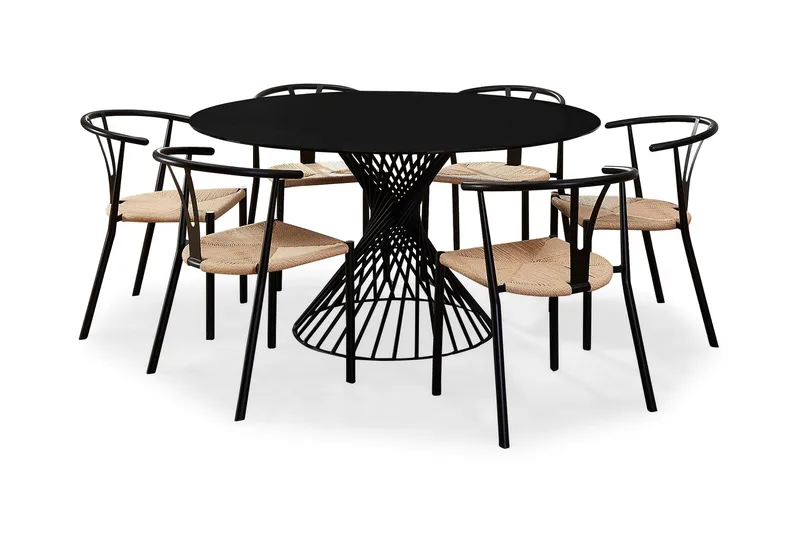 Iggy Matgrupp 140 cm Rund Glas med 6 Elysia Matstolar, Svart/Naturrotting